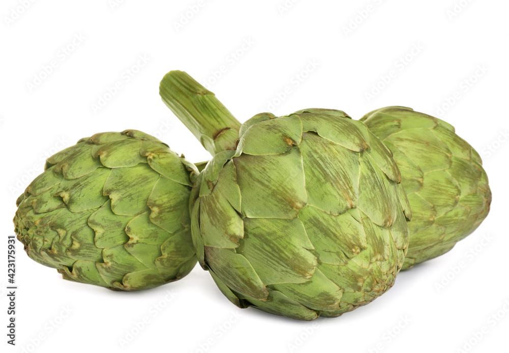 Whole fresh raw artichokes on white background Whole fresh raw artichokes on white background