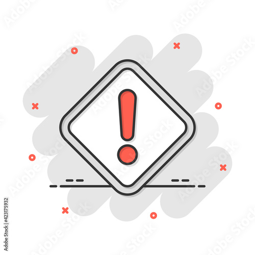 Exclamation mark icon in comic style. Danger alarm vector cartoon illustration pictogram. Caution risk business concept splash effect.