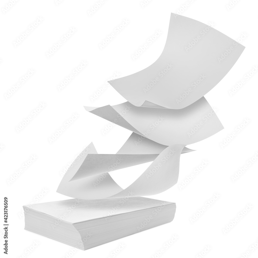 Blank sheets of paper flying on white background Stock Photo Adobe Stock