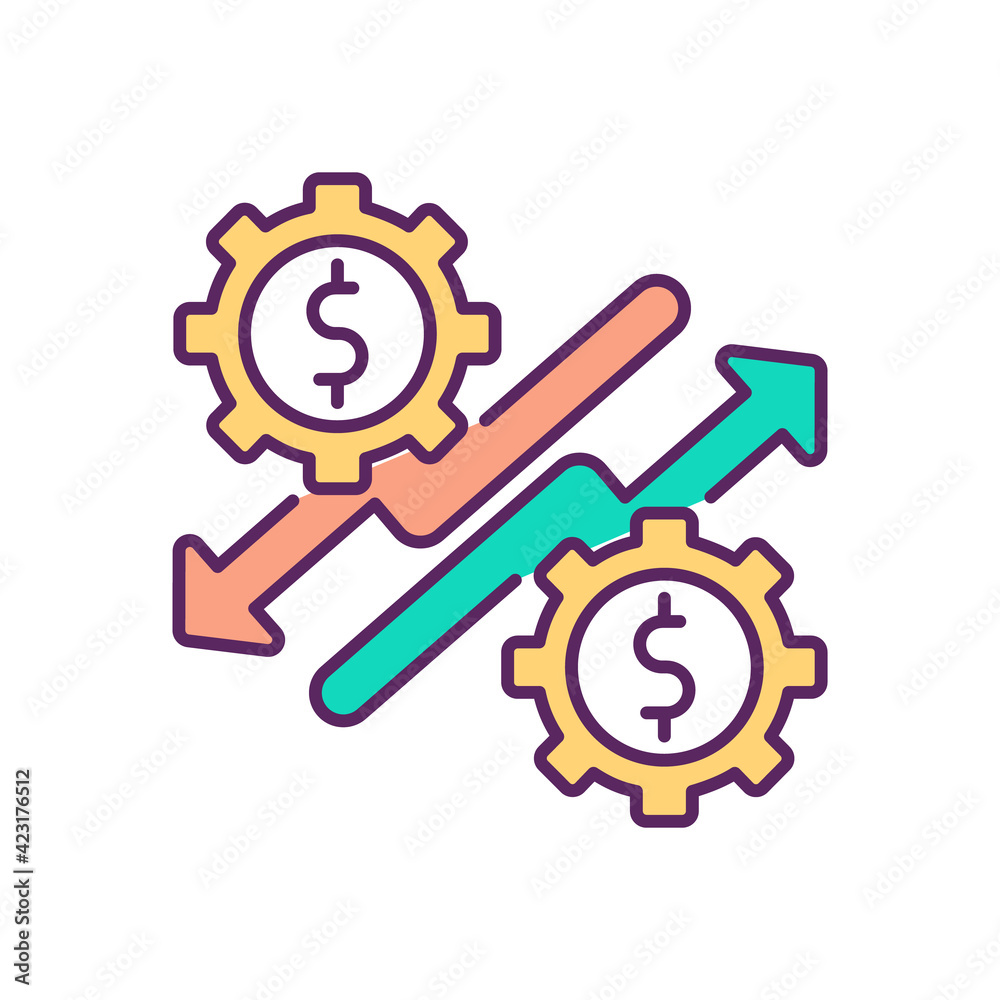 Economic upturn and downturn RGB color icon. Impact on global economy. Slump output. Trade cycle. Competitive marketplace. Corporate profits, losses. Crisis recovery. Isolated vector illustration Economic upturn and downturn RGB color icon. Impact on global economy. Slump output. Trade cycle. Competitive marketplace. Corporate profits, losses. Crisis recovery. Isolated vector illustration