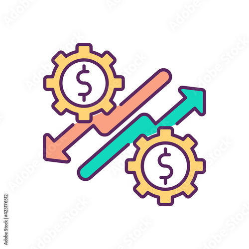 Economic upturn and downturn RGB color icon. Impact on global economy. Slump output. Trade cycle. Competitive marketplace. Corporate profits, losses. Crisis recovery. Isolated vector illustration
