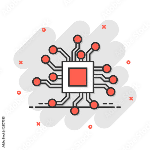 Circuit board icon in comic style. Technology microchip vector cartoon illustration pictogram. Processor motherboard business concept splash effect.