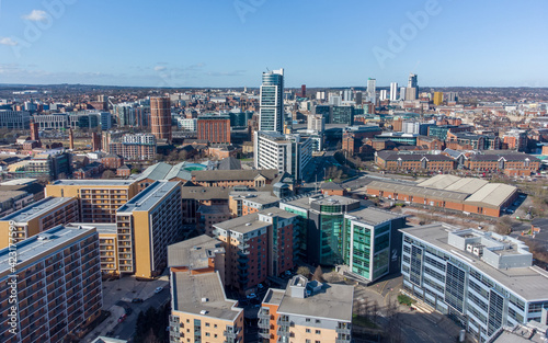 Aerial view of Leeds city centre in England, taken from the south on a sunny day looking at offices, hotels, apartments and Bridgewater Place