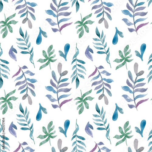 Watercolor seamless pattern of pink flowers and almond leaves.