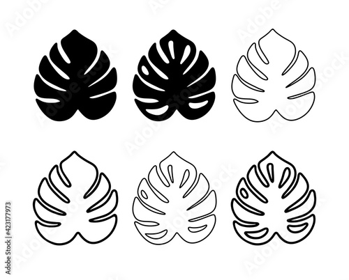Monstera Leaf Black Silhouette Vector Icon Drawing.Tropical exotic outline isolated stencil leaves set.Posters,Cards,Photo,Overlay, Print,Vinyl wall sticker decal.Plotter laser cutting cut.Decoration.