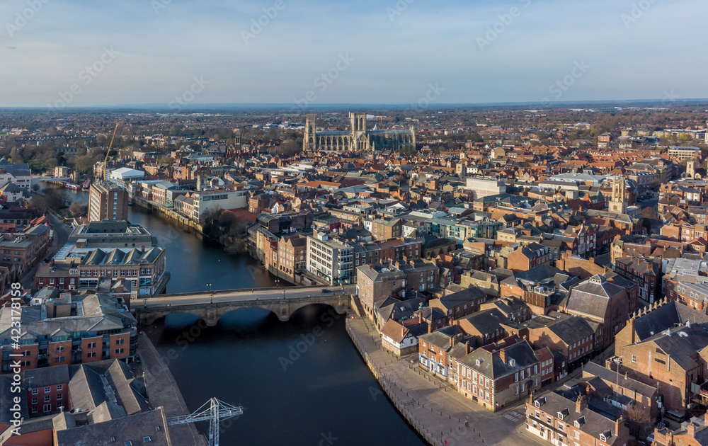 York city centre and York Minster aerial view from over the River Ouse showing bridge and historic city in Yorkshire, northern England