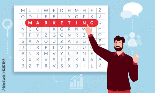 Man explains marketing strategy based on his innovative idea calculating expected profit level. Effective management as a decisive factor for the successful launch of startups