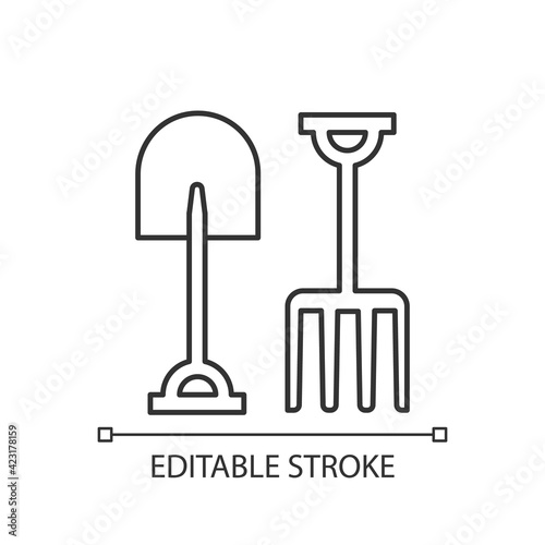 Garden fork and spade linear icon. Loosening soil. Light cultivation. Moving bulk materials. Thin line customizable illustration. Contour symbol. Vector isolated outline drawing. Editable stroke