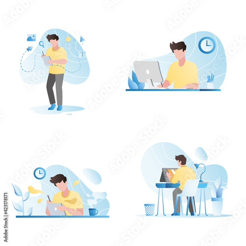 Scenes of creatively working man on tablet, in computer. Vector set, collection of guy drawing illustrations, pictures on graphics tablet in office. Boy artist writes down new thoughts, ideas.