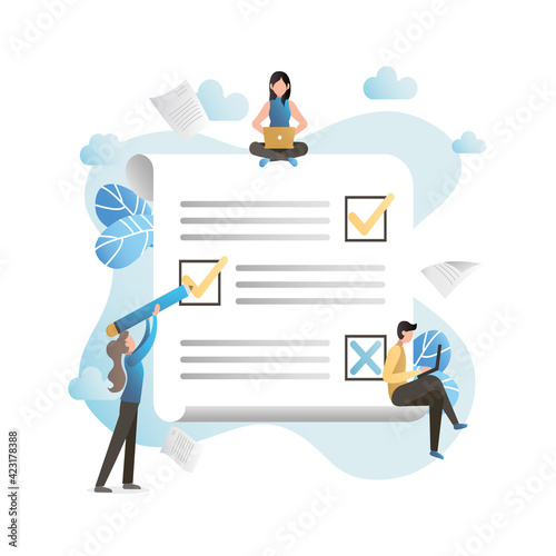 Vector people in laptop, computer go through questionnaire, tick off list, mark crosses, evaluate. Woman with pencil answers questions. Feedback on Internet. Paperwork, red tape.