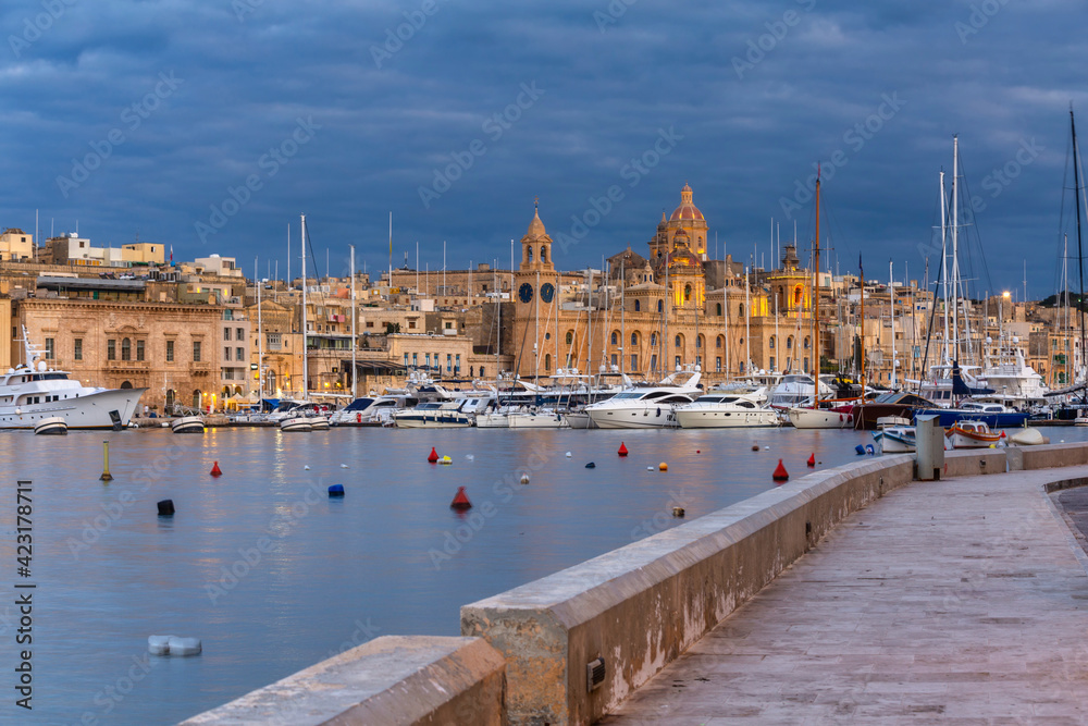 Beautiful marina of Birgu at sunset, Malta