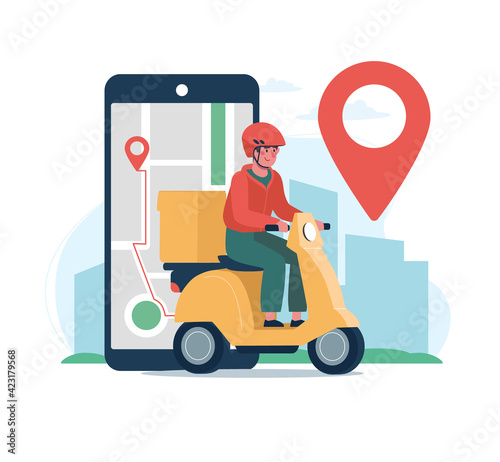 Delivery service concept and app for tracking online orders, home delivery. Electric moped courier. Vector illustration in a flat style on the background of the city.