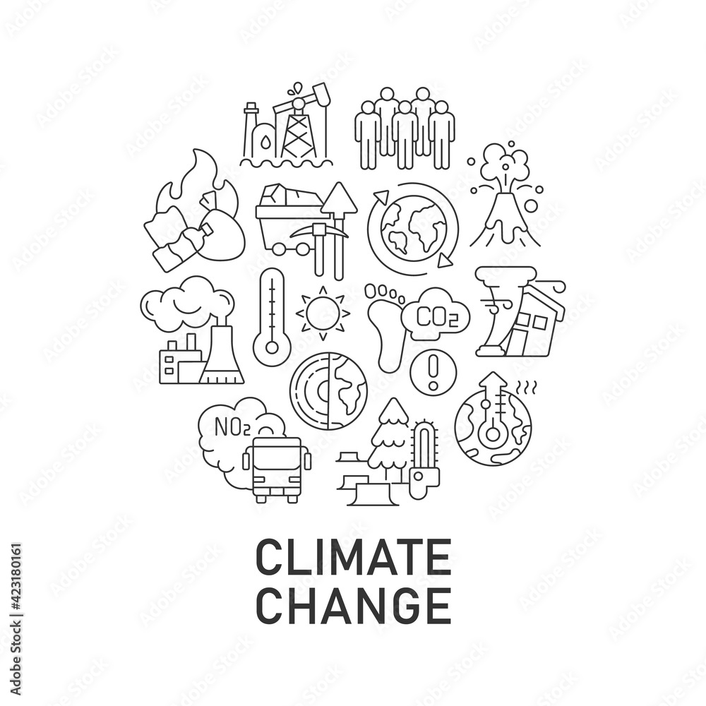 Climate change abstract linear concept layout with headline. Carbon emission. Ecology minimalistic idea. Global warming thin line graphic drawings. Isolated vector contour icons for background Climate change abstract linear concept layout with headline. Carbon emission. Ecology minimalistic idea. Global warming thin line graphic drawings. Isolated vector contour icons for background