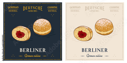 Berliner German doughnut with jam retro vintage illustration