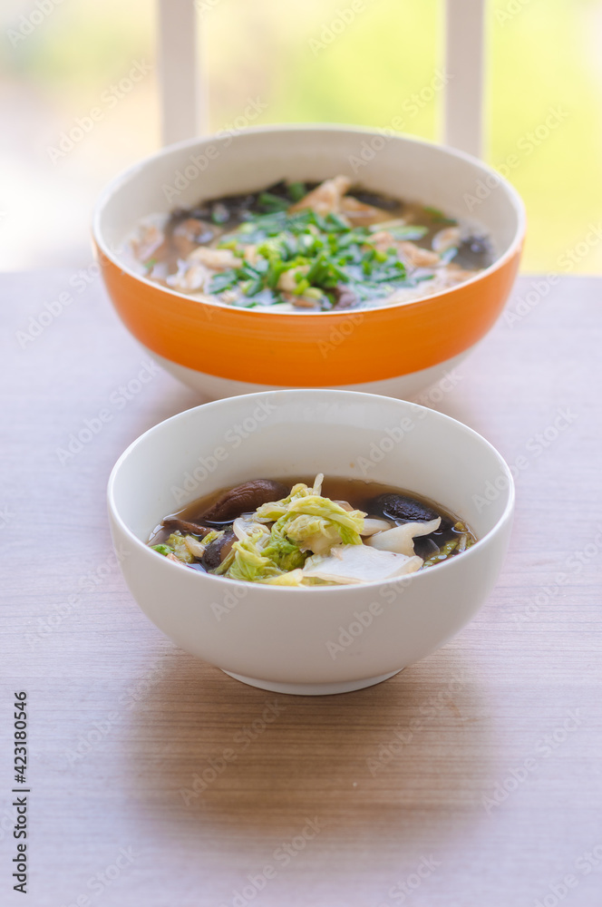 asian meal - stir fried vegetable and egg soup