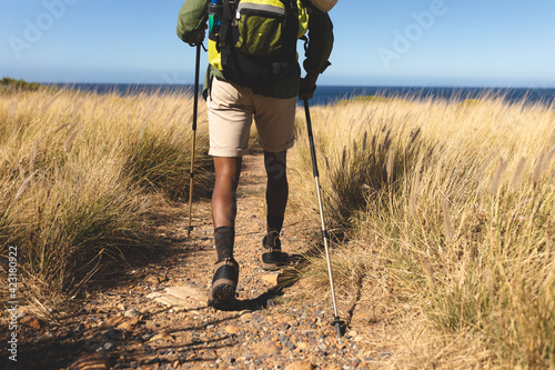 African american man exercising outdoors hiking using walking poles in countryside on a mountain photo