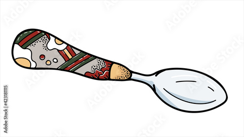 Hand drawn spoon. Doodle abstract vector illustration in color. Kitchen appliance .decorated with ornament for logo, icon, banner. Design for bar, restaurant, menu.