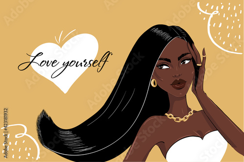 Black woman woth long silky hair and accessories