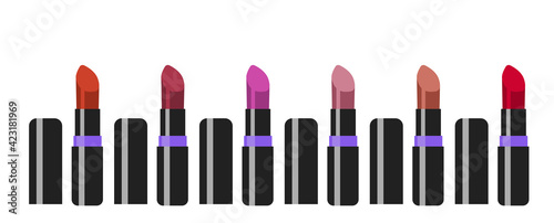 set of Red lipsticks. A collection of realistic lipsticks. Vector illustration. Wine lipstick in a black and purple case. Lip cosmetics. Make-up.