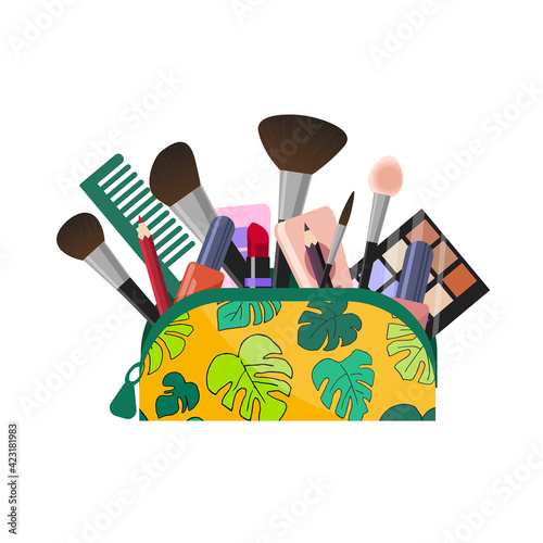 Cosmetic bag with makeup tools. Lipstick, eye shadow, foundation, comb, eyeliner, makeup brushes, cream. Vector illustration in a flat cartoon style. For beauty and design salons.