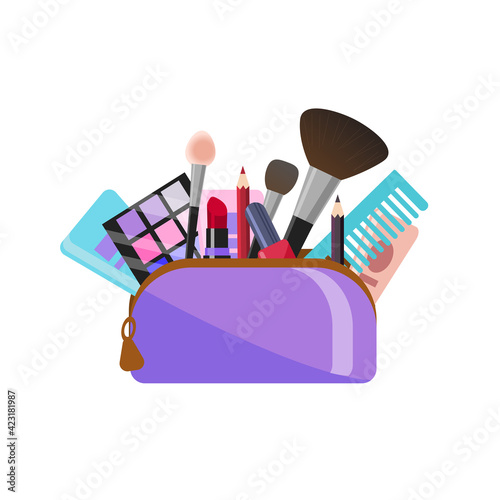 Cosmetic bag with makeup tools. Lipstick, eye shadow, foundation, comb, eyeliner, makeup brushes, cream. Vector illustration in a flat cartoon style. For beauty and design salons.