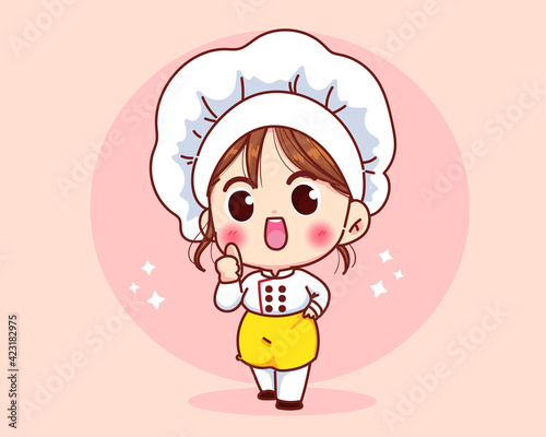 Cute chef girl smiling in uniform giving thumbs up cartoon art illustration logo