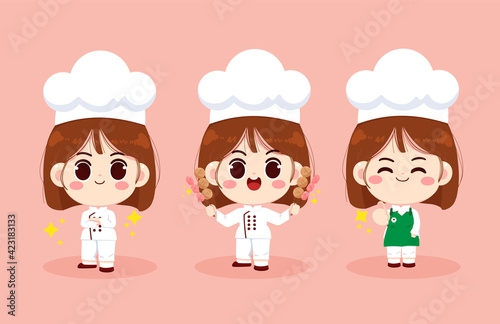 Set of Cute chef girl smiling in uniform preparing food and holding meatball and hotdog cartoon art illustration logo