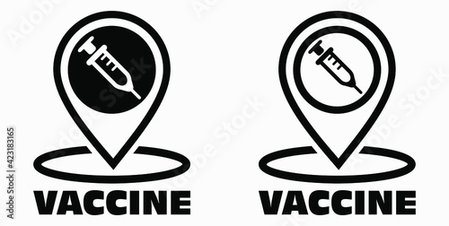 Vaccine and location icon. Syringe sign. The location of the hospital. Vector icon.