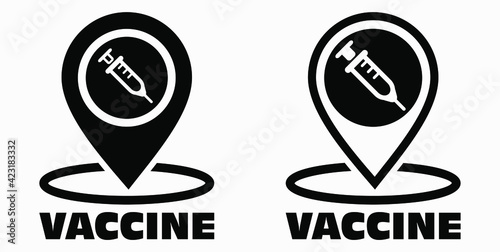 Vaccine and location icon. Syringe sign. The location of the hospital. Vector icon.