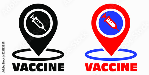Vaccine and location icon. Syringe sign. The location of the hospital. Vector icon.