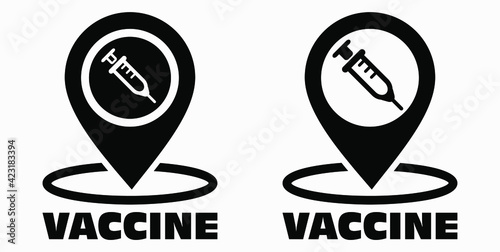 Vaccine and location icon. Syringe sign. The location of the hospital. Vector icon.