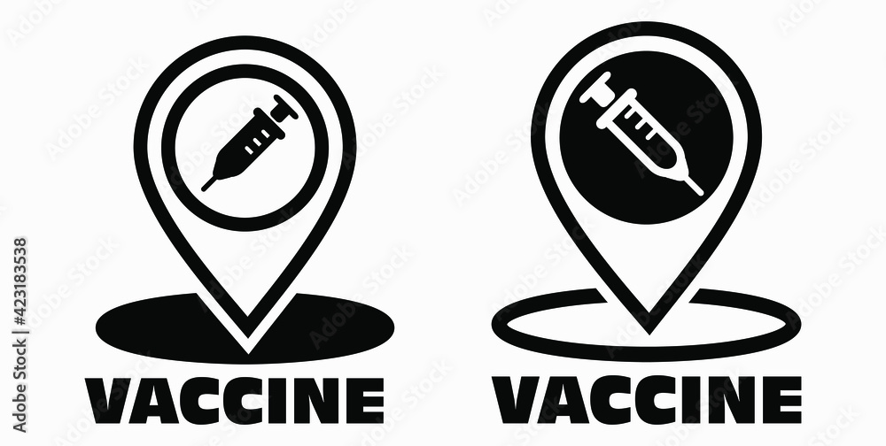 Vaccine and location icon. Syringe sign. The location of the hospital. Vector icon.