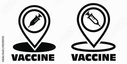 Vaccine and location icon. Syringe sign. The location of the hospital. Vector icon.