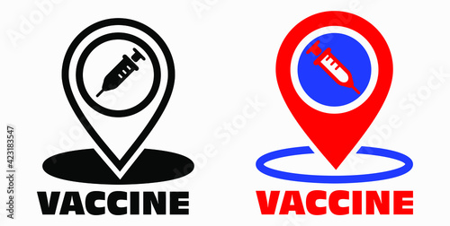 Vaccine and location icon. Syringe sign. The location of the hospital. Vector icon.