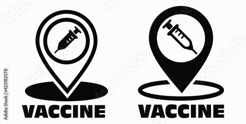 Vaccine and location icon. Syringe sign. The location of the hospital. Vector icon.