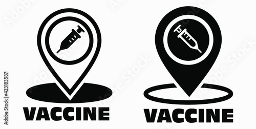 Vaccine and location icon. Syringe sign. The location of the hospital. Vector icon.