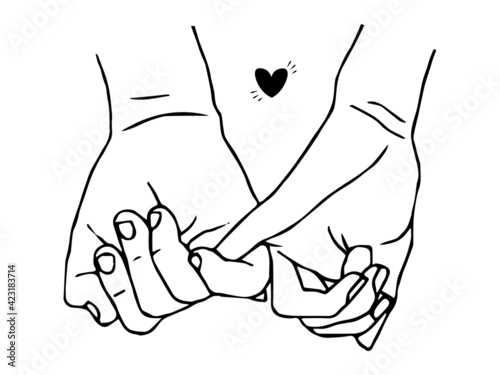 two hands holding hands. hand in hand. lovers hold hands. vector illustration.
Continuous drawing of one line. Hold on with your little fingers. Pinky holding Vector illustration. logo. heart. love. 