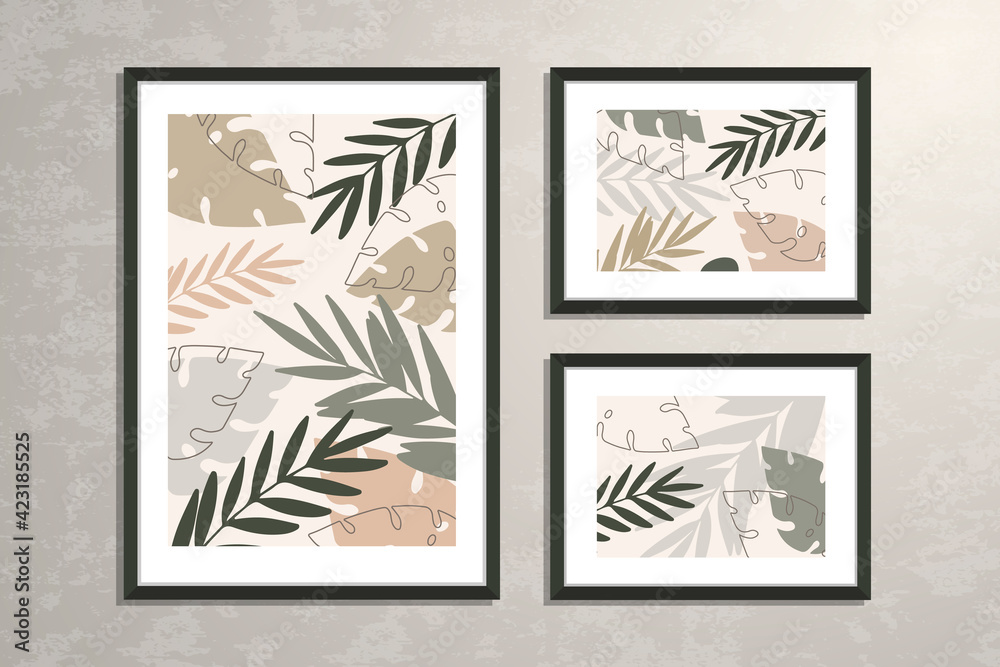 Vector wall art set, posters collection with abstract botanical shapes and leaves, pastell colors