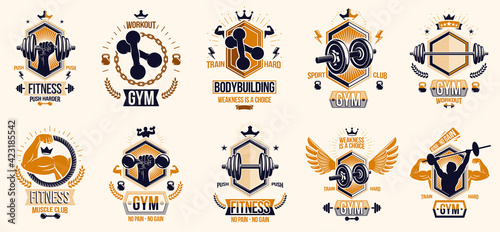 Gym fitness sport emblems and logos vector set isolated with barbells dumbbells kettlebells and muscle body man silhouettes and hands, athletics workout sport club, active lifestyle.