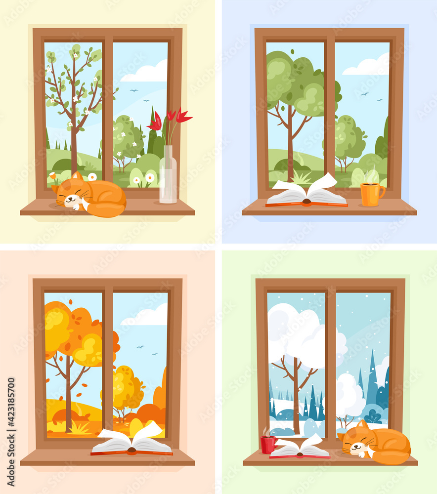 Windows with different seasons and weather landscapes. Vector set of ...