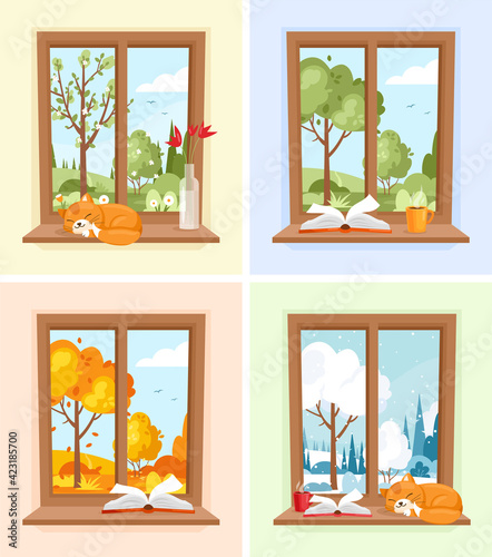 Windows with different seasons and weather landscapes. Vector set of wood windows with view of garden, forest. Landscape with tree, bush, field, hills. Spring, Summer, Autumn, Winter scene. Hygge