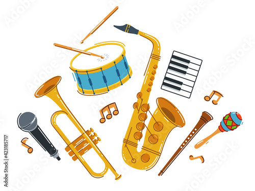 Jazz music band concept different instruments vector flat illustration isolated on white background, live sound festival or concert, musician different instruments set.
