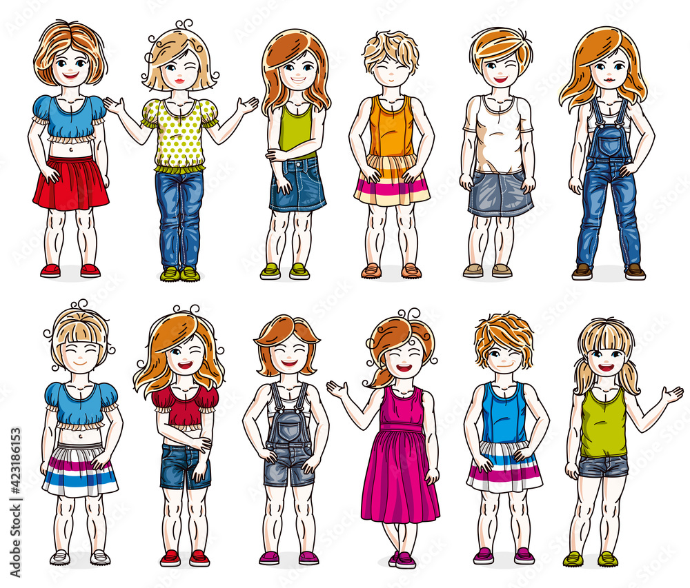 Cute little child girls in different casual wear standing in full length and posing vector illustrations isolated big set, happy beautiful kids drawings collection, people diversity children.