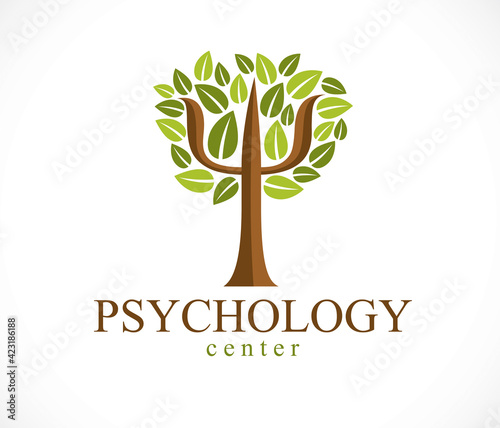 Psychology concept vector logo or icon created with Greek Psi symbol as a green tree with leaves, mental health concept, psychoanalysis analysis and psychotherapy.