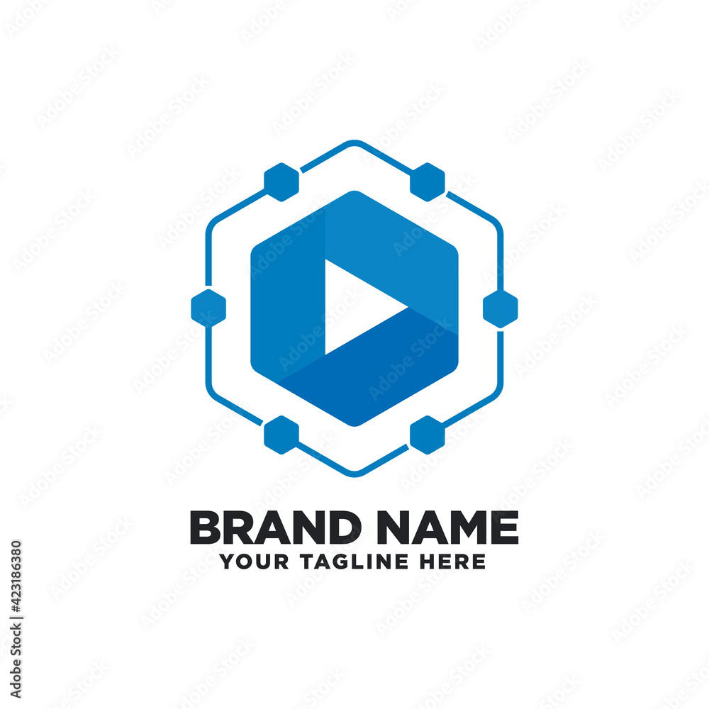 Play media logo design template, hexagon, storage and drive technology icon vector.