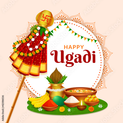 Greeting traditional Gudhi for Indian New Year festival Gudi Padwa & Happy Ugadi Greeting