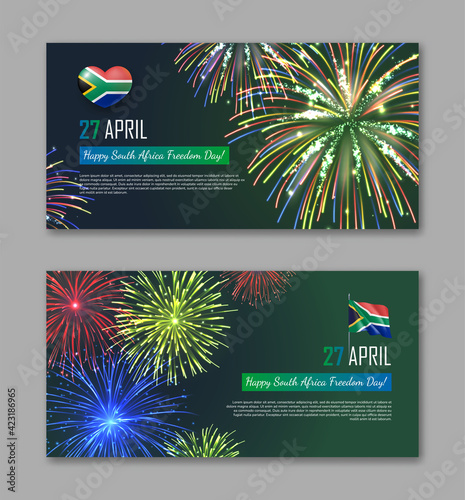 Set of Happy South Africa Freedom Day banner. Independence national holiday celebration festive banner, backdrop, poster, invitation card with colorful fireworks realistic vector illustration
