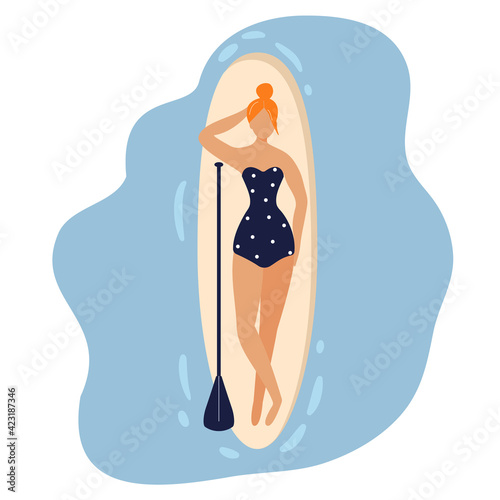 Cute red-haired girl dressed in polka-dot swimwear lying on supboard next to paddle on sea background. Beautiful woman sunbathing in summer vibes. Vacation at seaside resort. Flat vector illustration