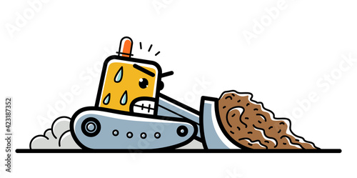 Bulldozer with facial expression of hard work and anger vector cartoon style icon isolated on white background.
