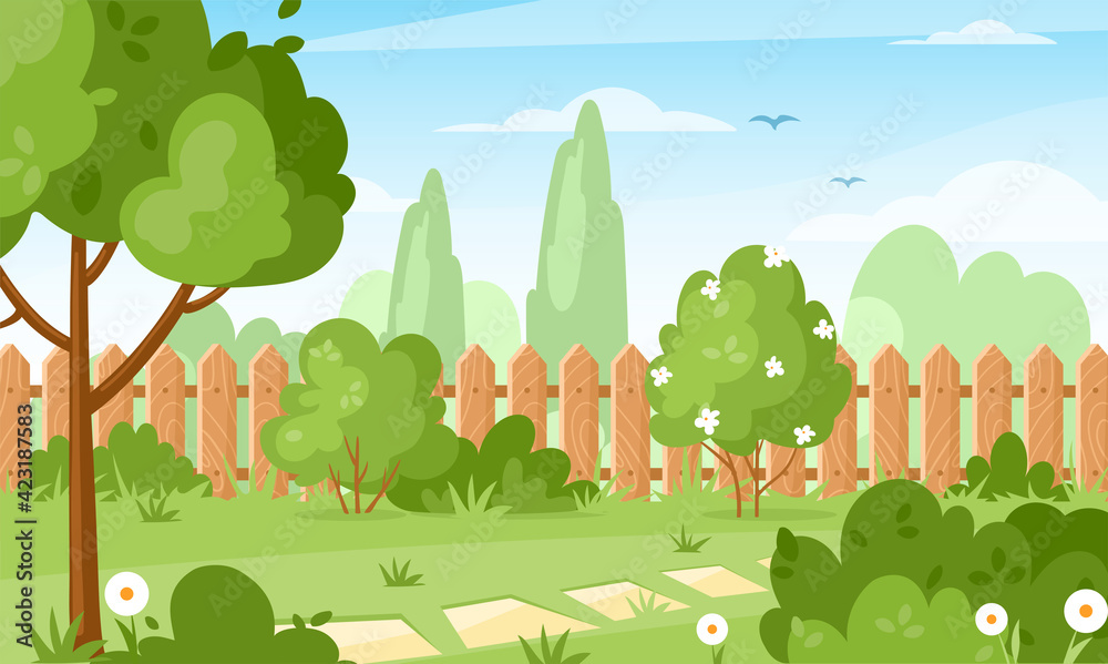 Backyard. Vector illustration of house backyard with trees, bushes, green  grass lawn, flowers and wood fence. Horizontal garden banner. Spring or  summer landscape. Patio area for BBQ summer parties. vector de Stock |